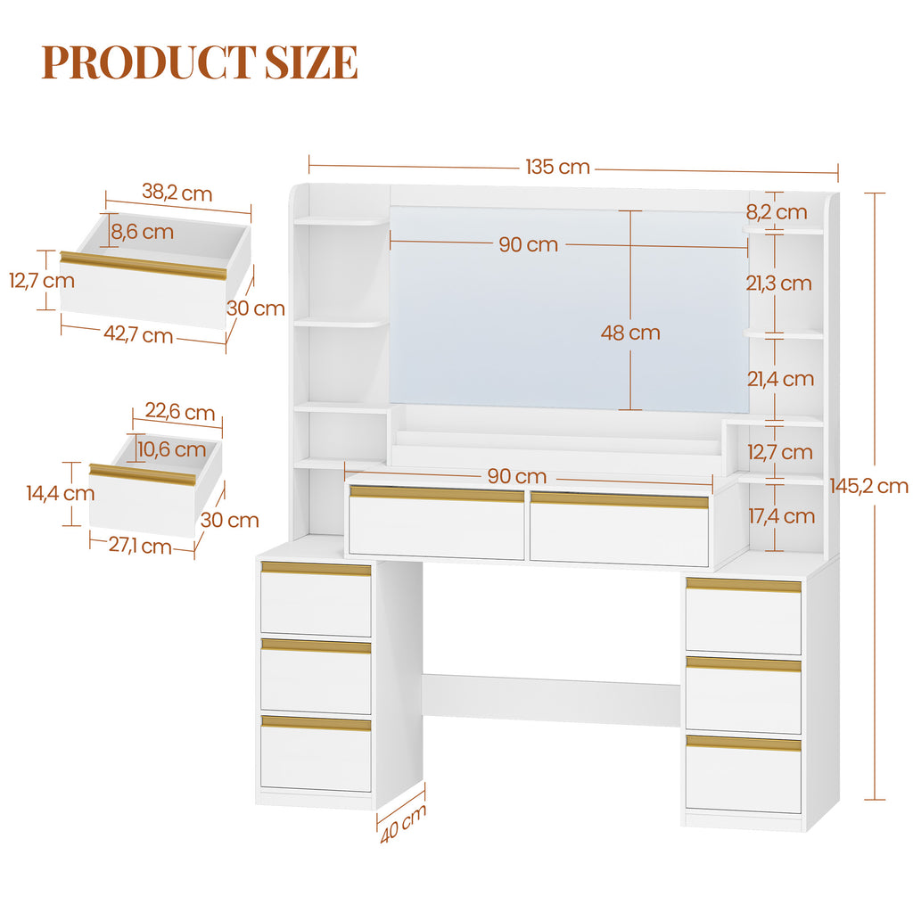 HEXCELEN Vanity Table with Large Mirror, Dressing Table and Hair Dryer Holder, 8 Drawers, Open Compartments, 135 × 40 × 145.2 cm, Modern White and Gold Vanity Table,135103X