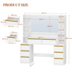 HEXCELEN Vanity Table with Large Mirror, Dressing Table and Hair Dryer Holder, 8 Drawers, Open Compartments, 135 × 40 × 145.2 cm, Modern White and Gold Vanity Table,135103X