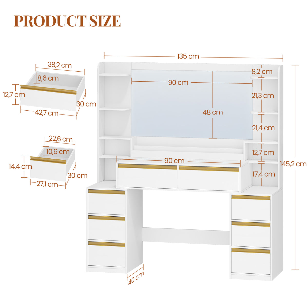 HEXCELEN Vanity Table with Large Mirror, Dressing Table and Hair Dryer Holder, 8 Drawers, Open Compartments, 135 × 40 × 145.2 cm, Modern White and Gold Vanity Table,135103X