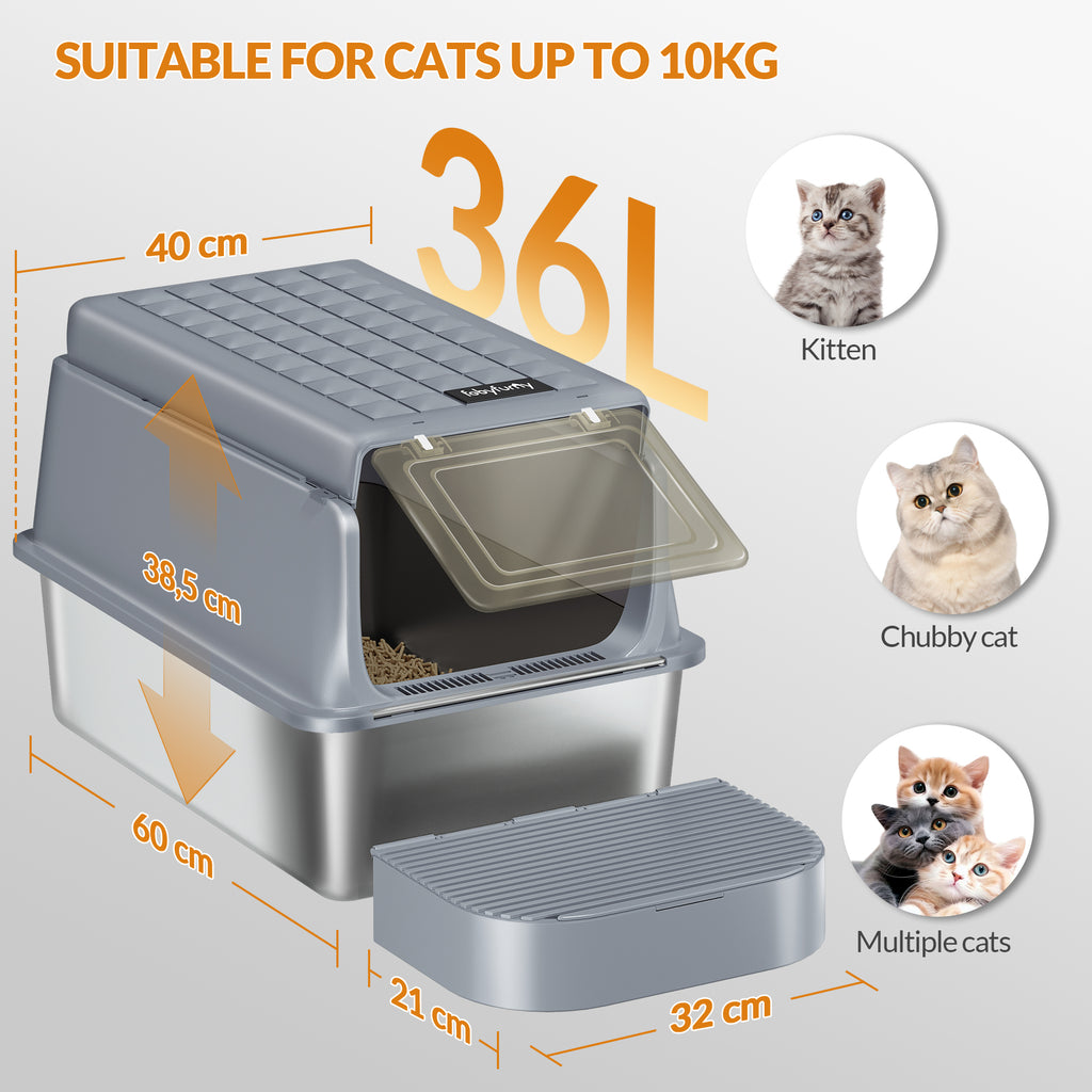 Fobyfurny Stainless Steel Cat Litter Tray with Lid, XXL Closed Metal Cat Litter Tray with Scoop and Footrest, Removable, 120° Hinged Lid, Easy to Clean, Dark Grey FPLB001SG2