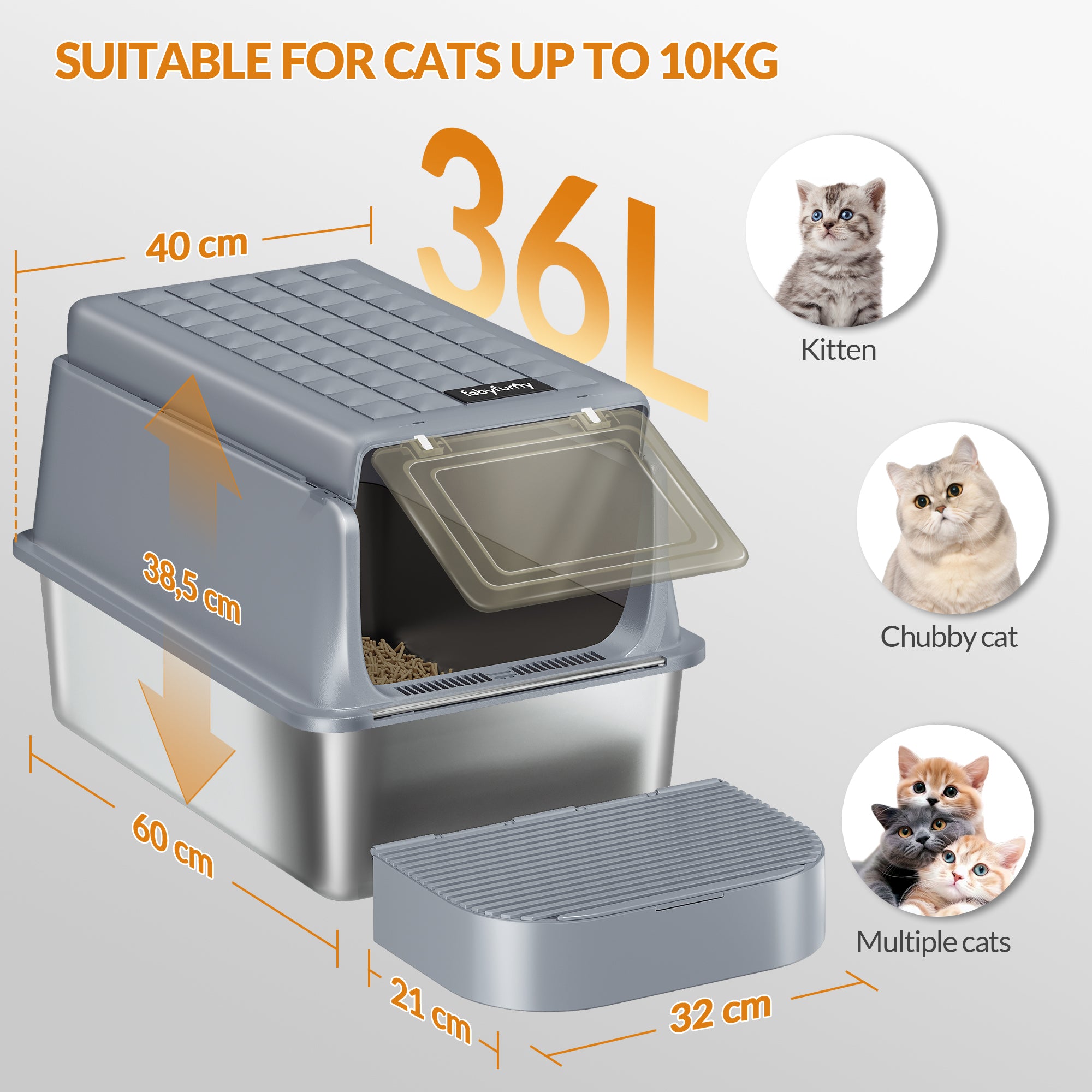 Fobyfurny Stainless Steel Cat Litter Tray with Lid, XXL Closed Metal Cat Litter Tray with Scoop and Footrest, Removable, 120° Hinged Lid, Easy to Clean, Dark Grey FPLB001SG2