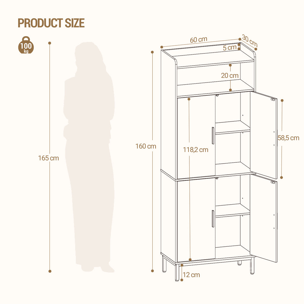 Hzuaneri Bathroom Cabinet, Kitchen Cabinet, Storage Cabinet, 4 Doors and 1 Open Area, Adjustable Shelf, Bathroom, Living Room, 30 x 60 x 160 cm, White SC45713W