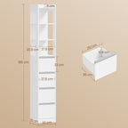 HEXCELEN Bathroom Cabinet Freestanding Bathroom Furniture 30 x 30 x 185 cm with 4 Drawers and 3 Open Shelves for Bathroom Living Room Kitchen Modern White 530403X