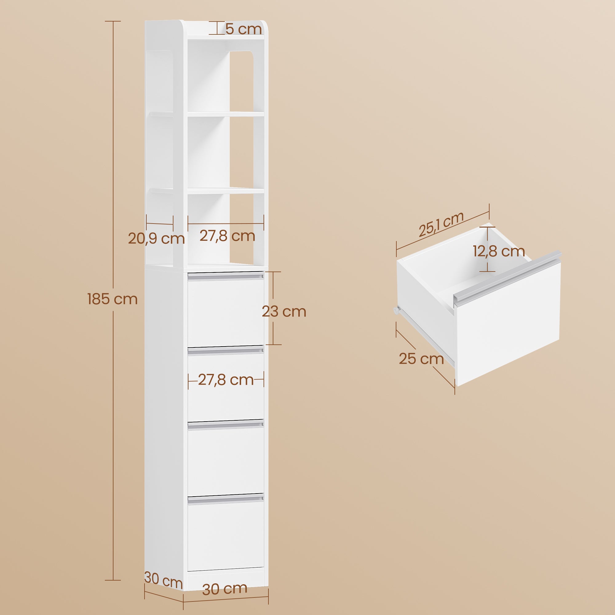 HEXCELEN Bathroom Cabinet Freestanding Bathroom Furniture 30 x 30 x 185 cm with 4 Drawers and 3 Open Shelves for Bathroom Living Room Kitchen Modern White 530403X