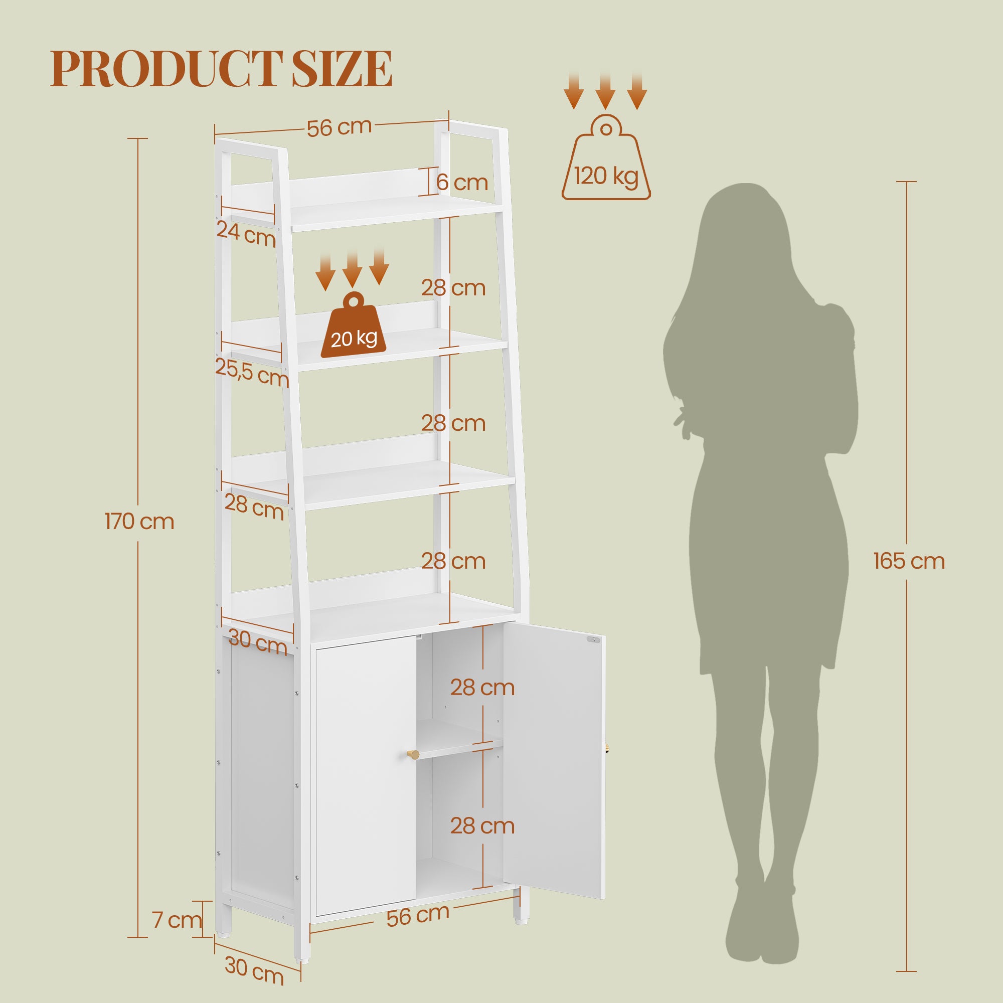 HEXCELEN 6 Tier Bookcase with Doors, Vertical Trapezoidal Bookcase, Bookcases with 4 Open Shelves (Metal Structure), Adjustable Shelves for Bedroom, Living Room, Modern, White, 661603W
