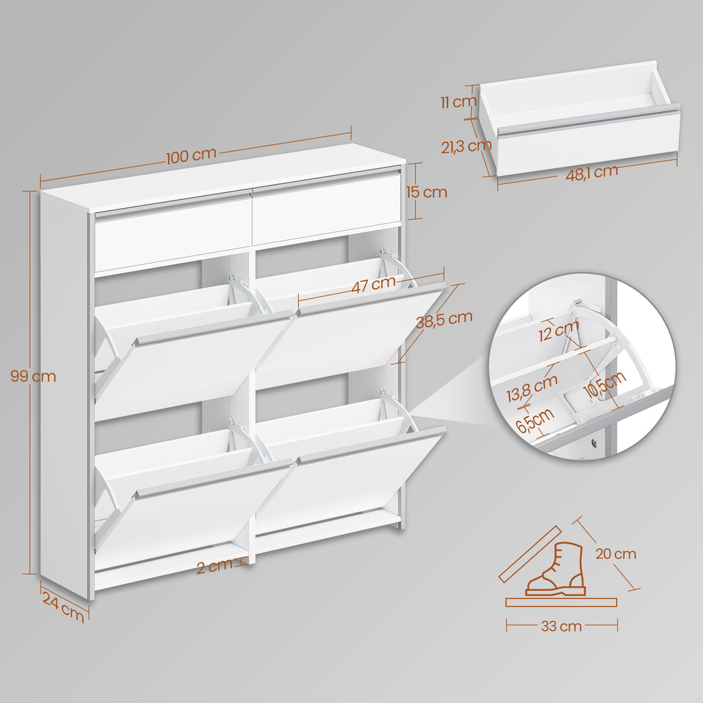 HEXCELEN Narrow Shoe Cabinet with 4 Hinged Doors, Shoe Cabinet, Shoe Rack with Drawer, Narrow Shoe Chest with 8 Shelves, Adjustable, for Hallway, Entrance, 100 x 24 x 99 cm, White