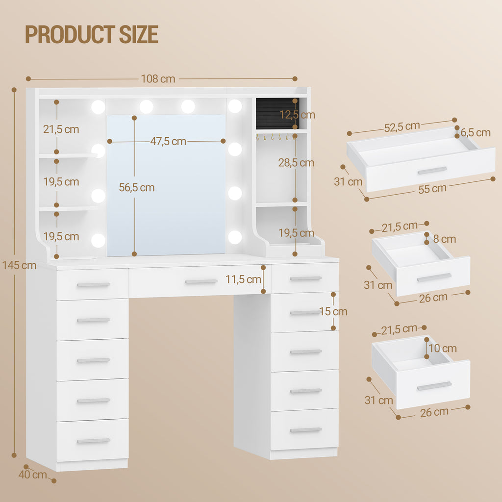 Hzuaneri Large Vanity Table with LED Lighting, Dressing Table with Mirror, Vanity Table with Power Outlets, 11 Drawers and 6 Jewelry Hooks, Suitable for Bedroom, Living Room, White DT43303X