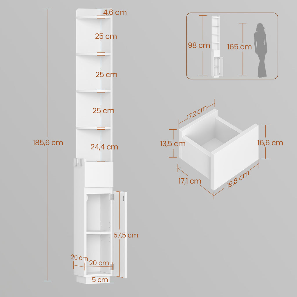HEXCELEN Bathroom Cabinet, Corner Cabinet, Bathroom Cabinet, Toilet Cabinet, 20 x 20 x 185.6 cm, Narrow Bathroom Shelf with Adjustable Shelf, 1 Drawer and 4 Open Compartments, White 5120103X