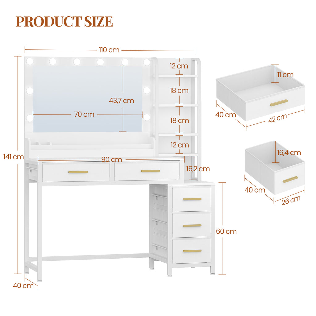HEXCELEN dressing table, vanity table with large mirror, dressing table with 5 drawers, 5 open compartments, storage space in front of the mirror, white, 40 × 110 × 141 cm,110503W