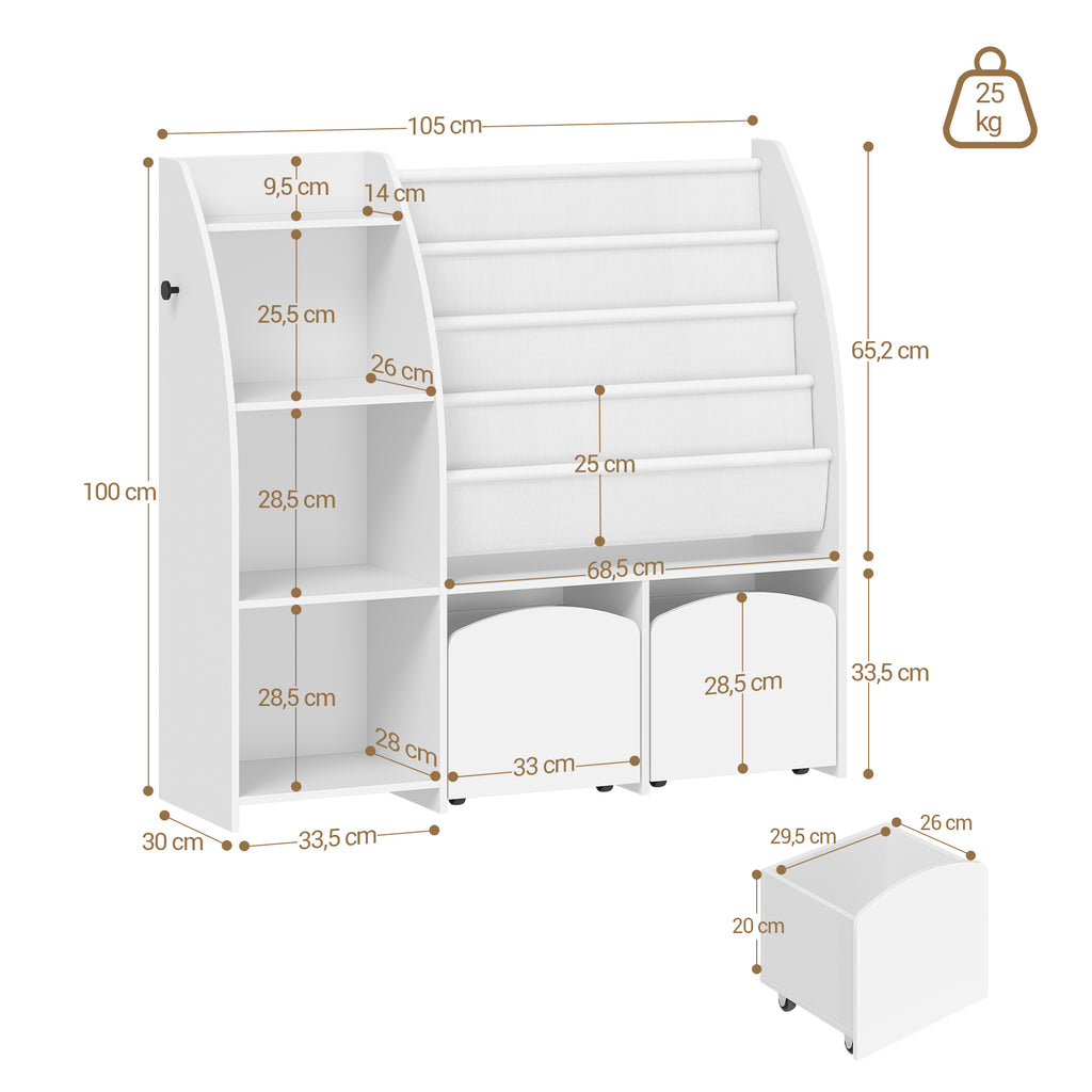 Hzuaneri Children's Shelf with Newspaper Rack, Children's Bookshelf with 2 Columns, 4 Shelves, Toy Shelf, Children's Storage Box, for Children's Room, Living Room 30 x 105 x 100 cm, White KB12003W