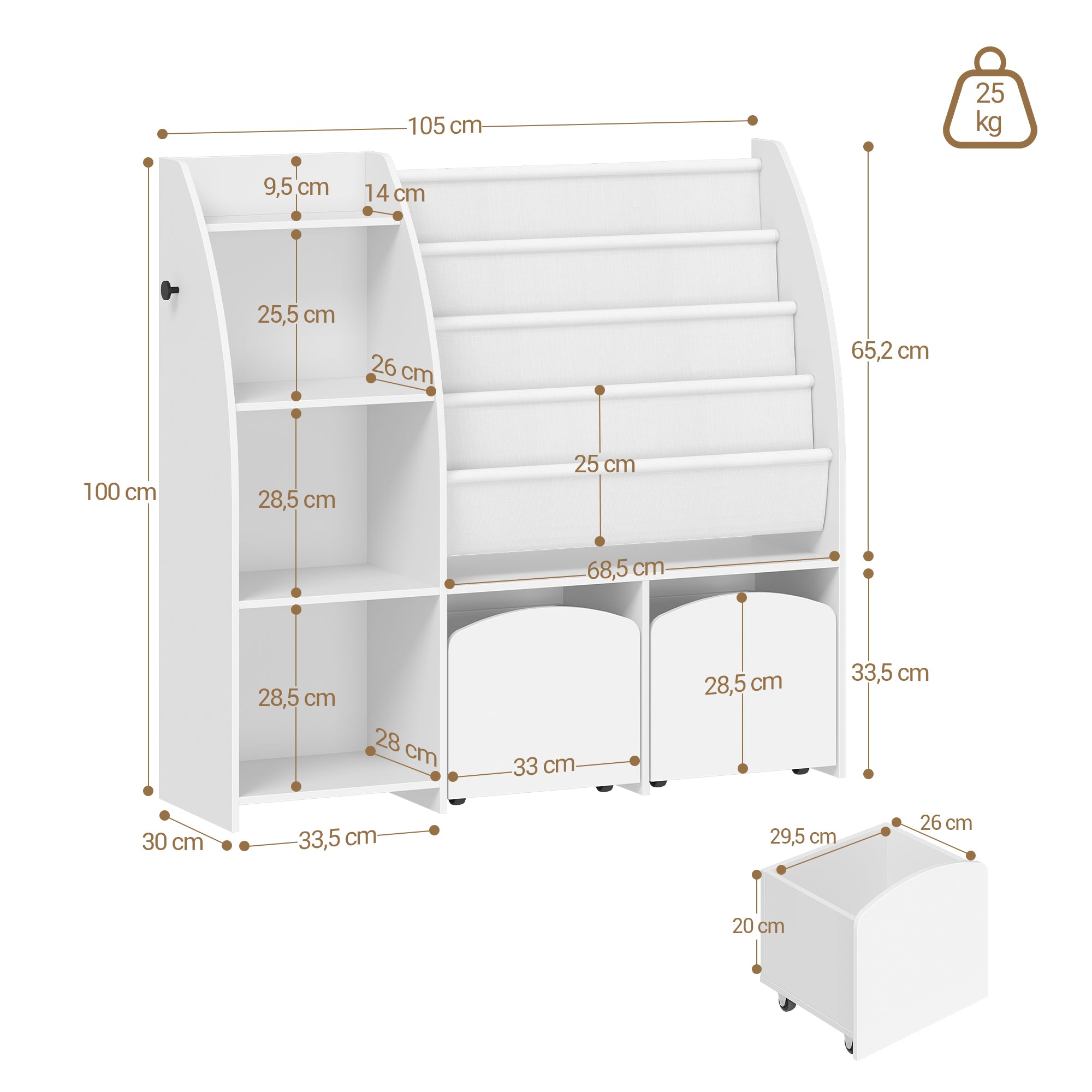 Hzuaneri Children's Shelf with Newspaper Rack, Children's Bookshelf with 2 Columns, 4 Shelves, Toy Shelf, Children's Storage Box, for Children's Room, Living Room 30 x 105 x 100 cm, White KB12003W