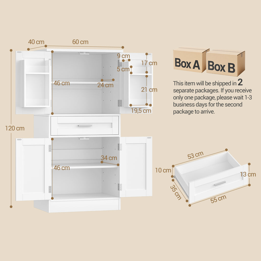 Hzuaneri  Buffet Cabinet, Kitchen Cabinet with 4-Tier Door Back Shelf System, Sideboard with 4 Doors and 1 Large Drawer, Modern Style, Kitchen, Living Room, 40 x 60 x 120 cm, White PT20003X