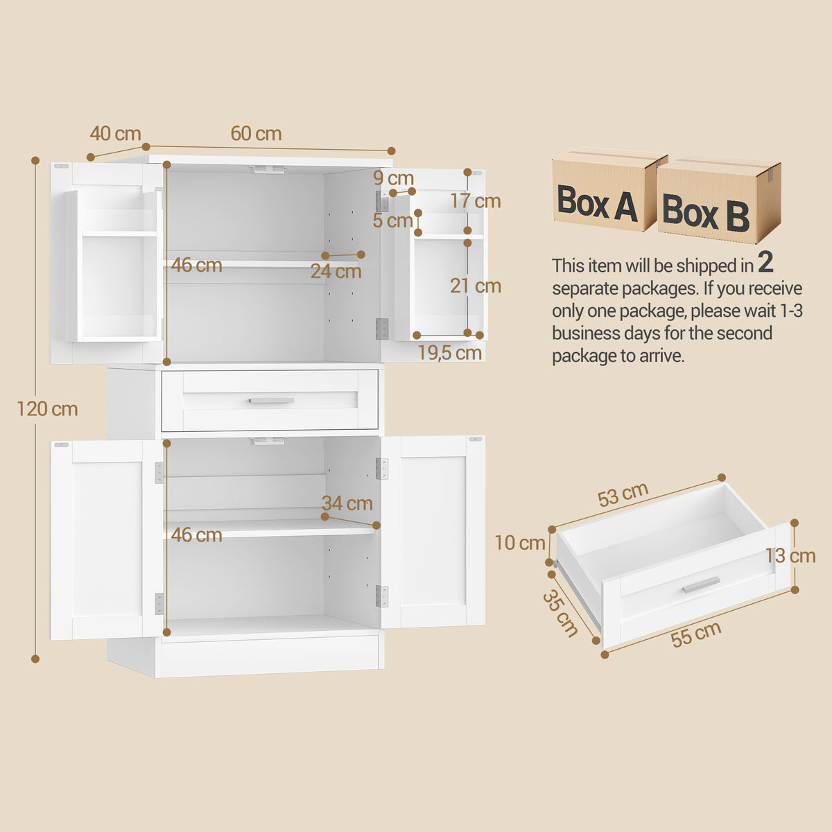 Hzuaneri  Buffet Cabinet, Kitchen Cabinet with 4-Tier Door Back Shelf System, Sideboard with 4 Doors and 1 Large Drawer, Modern Style, Kitchen, Living Room, 40 x 60 x 120 cm, White PT20003X