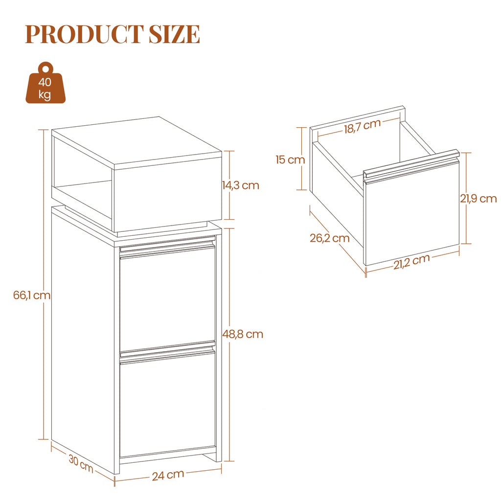 HEXCELEN Nightstand, Set of 2, Narrow with 2 Drawers and 1 Open Compartment, Bedside Table, Side Table for Bedroom and Living Room, Modern, 30 x 24 x 66.1 cm, White 320203X
