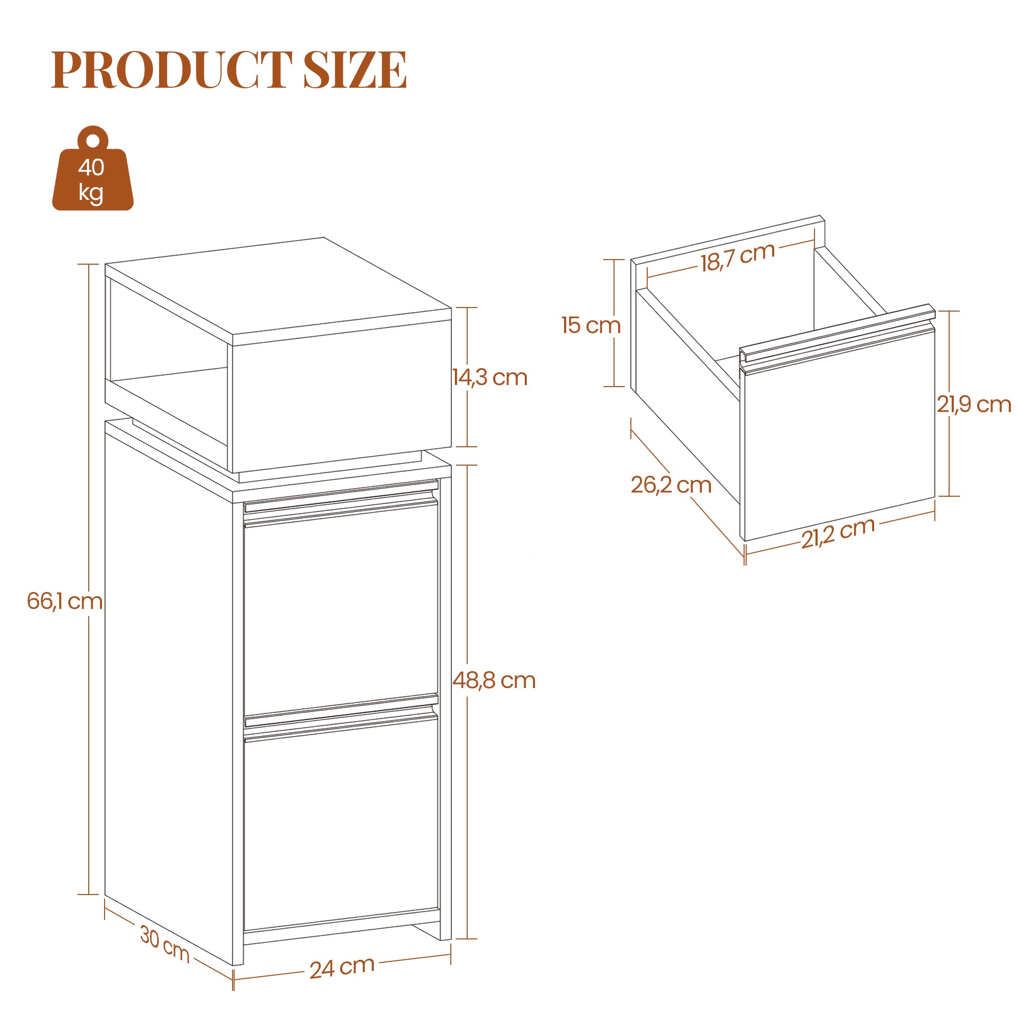 HEXCELEN Nightstand, Set of 2, Narrow with 2 Drawers and 1 Open Compartment, Bedside Table, Side Table for Bedroom and Living Room, Modern, 30 x 24 x 66.1 cm, White 320203X