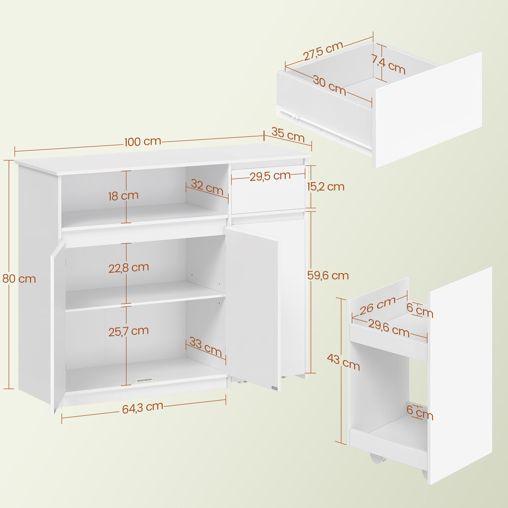 HEXCELEN Sideboard, Kitchen Cabinet, Storage Cabinet with Rolling Cart, Drawers and Adjustable Shelves for Dining Room, Kitchen and Living Room, Modern, 35 x 100 x 80 cm, White，0121203X