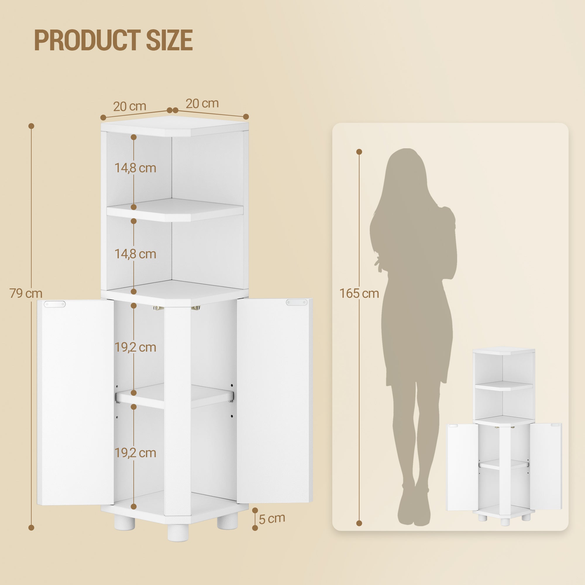 Hzuaneri Bathroom Cabinet, Corner Bathroom Cabinet, Toilet Cabinet with Adjustable Shelves, 2 Side Doors, Freestanding Tall Cabinet, 20 x 20 x 79 cm, White BC20003X