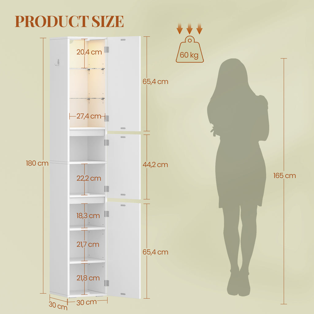 HEXCELEN Bathroom Cabinet, 180 cm Tall Slim Bathroom Cabinet, Bathroom Furniture, Storage Cabinet with Adjustable Shelf, 3 Cabinet Doors, Non-Slip Feet, for Small Spaces, White, 530203X