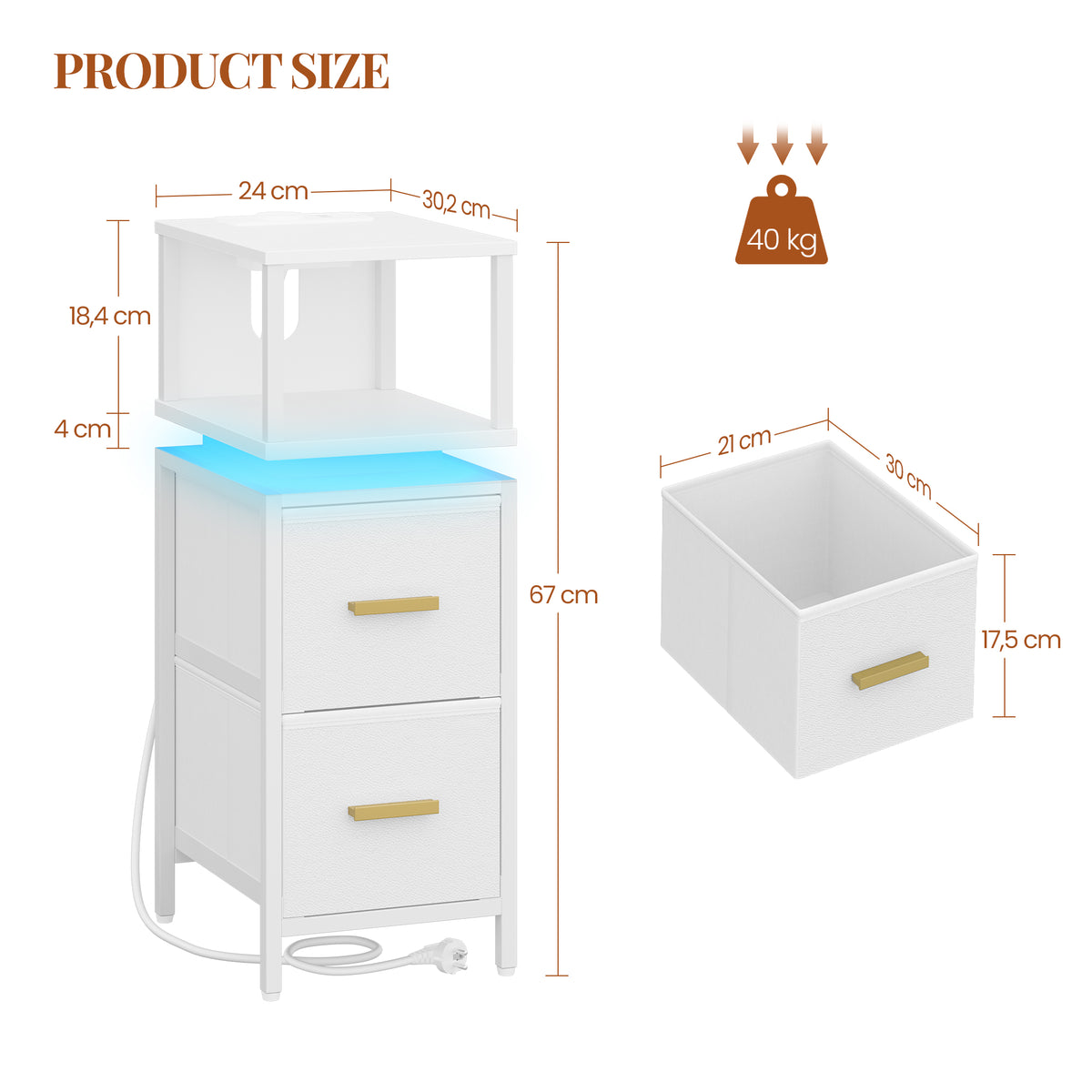 HEXCELEN Nightstand, Set of 2, Narrow Bedside Table, Side Table with 2 Fabric Drawers and Shelves, Bedroom Nightstand, for Bedroom Living Room, Modern, 30.2 x 24 x 67 cm, White, 322203W