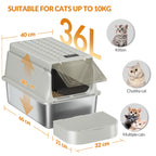 Fobyfurny Stainless Steel Cat Litter Tray with Lid, XXL Closed Metal Cat Litter Tray with Scoop and Footrest, Removable, 120° Hinged Lid, Easy to Clean, Dark Grey,FPLB001SG1