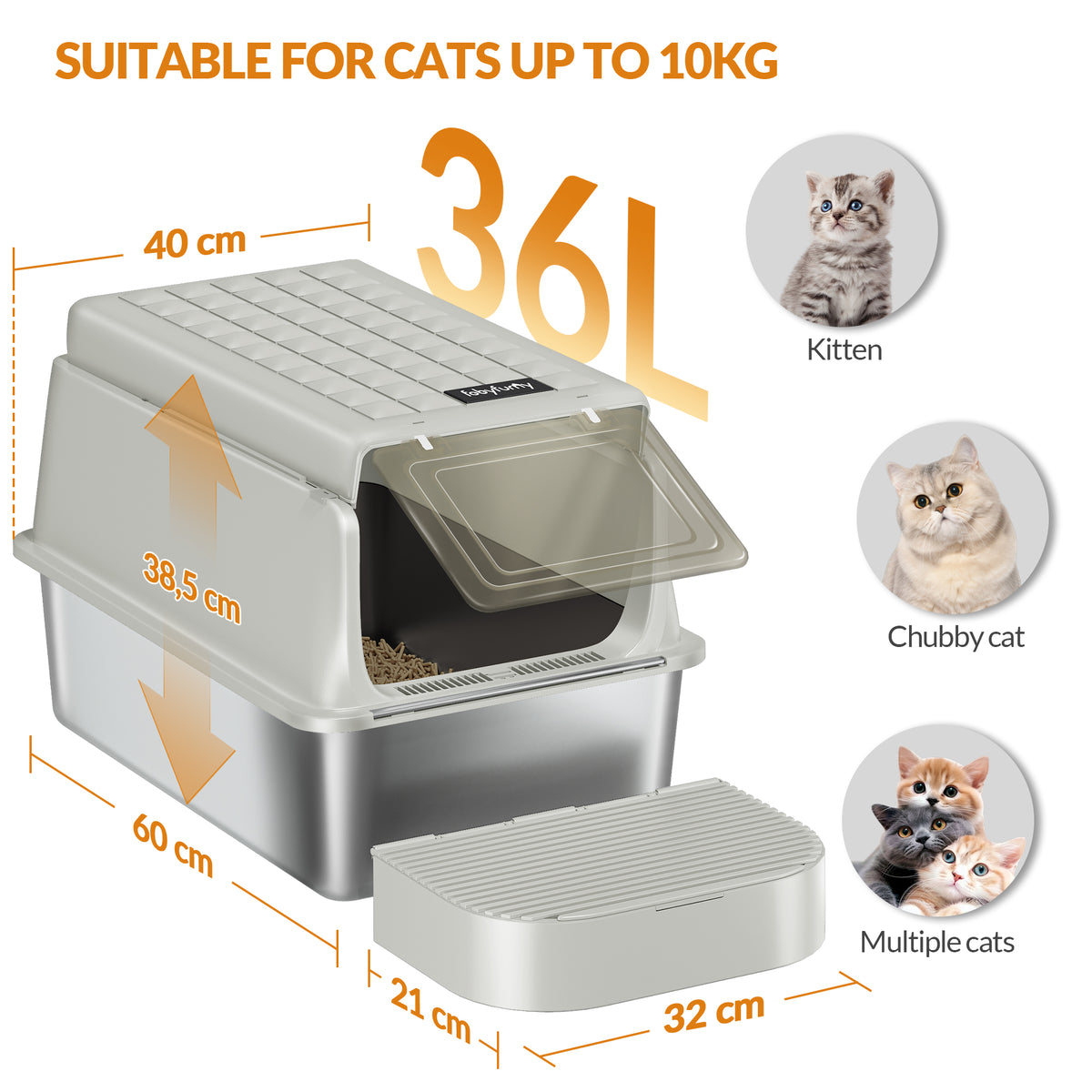 Fobyfurny Stainless Steel Cat Litter Tray with Lid, XXL Closed Metal Cat Litter Tray with Scoop and Footrest, Removable, 120° Hinged Lid, Easy to Clean, Dark Grey,FPLB001SG1