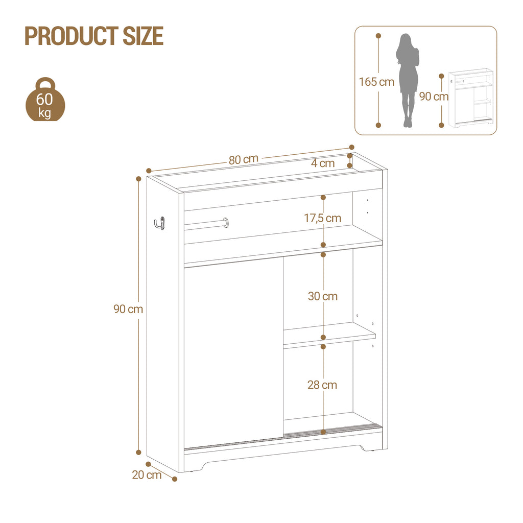 Hzuaneri Bathroom Cabinet, Niche Cabinet, Space-Saving Bathroom Cabinet with Toilet Paper Holder and Hooks, Sliding Door, Adjustable Shelf, for the Bathroom, 20 x 80 x 90 cm, White BC63813X