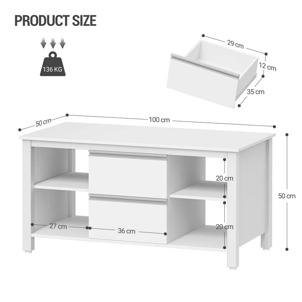 Hzuaneri Coffee Table, Living Room Table with 2 Drawers and 4 Open Compartments, Sofa Table, Steel Legs, for the Living Room, 50 x 100 x 50 cm, White-Silver CT22003W