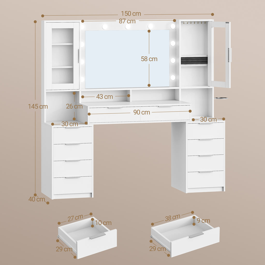Hzuaneri 150 cm Large Vanity Table with LED Lighting and Power Strip, Vanity Table with Mirror, Tri-Color Light Setting, 10 Drawers, Jewelry Storage, White-Silver DT43703X