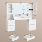 Hzuaneri 150 cm Large Vanity Table with LED Lighting and Power Strip, Vanity Table with Mirror, Tri-Color Light Setting, 10 Drawers, Jewelry Storage, White-Silver DT43703X