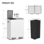 Hzuaneri Kitchen Trash Can, 2 x 30 L, 2-Compartment Waste Separation System 60 L, Stainless Steel Kitchen Trash Can, Pedal Bin, Quiet Slow-Descending Waste Bin, with 15 Exclusive Waste Bags, White SW06099W