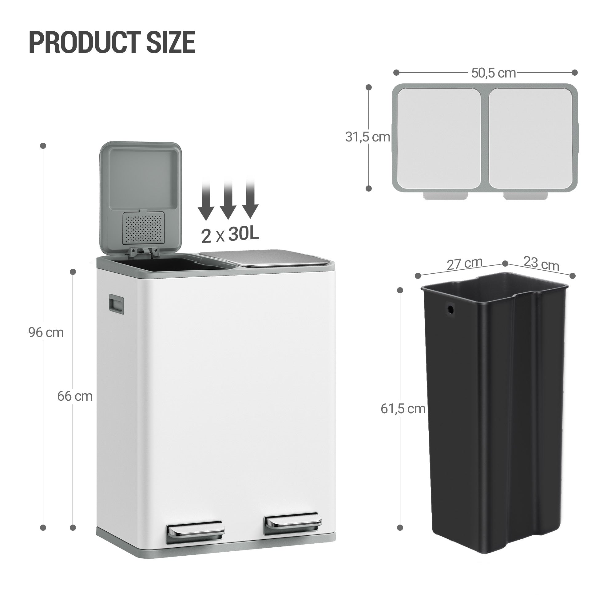 Hzuaneri Kitchen Trash Can, 2 x 30 L, 2-Compartment Waste Separation System 60 L, Stainless Steel Kitchen Trash Can, Pedal Bin, Quiet Slow-Descending Waste Bin, with 15 Exclusive Waste Bags, White SW06099W