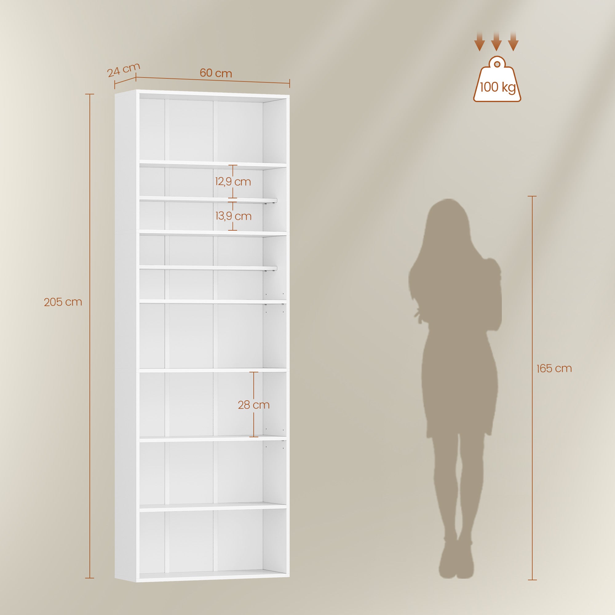 HEXCELEN Bookcase, 7-Tier Bookcase, Standing Shelf, Storage Shelf, Adjustable Panels, for Study, Bedroom, Living Room, White, 24 x 60 x 205 cm