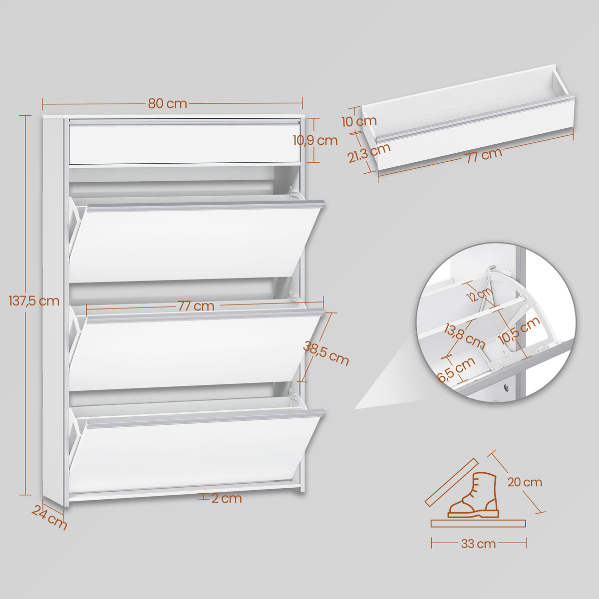 HEXCELEN Narrow Shoe Cabinet with 3 Hinged Doors, Shoe Cabinet, Shoe Rack with Drawer, Narrow Shoe Chest with 6 Shelves, Adjustable, for Hallway, Entrance, 80 x 24 x 137.5 cm,White-Silver780103W