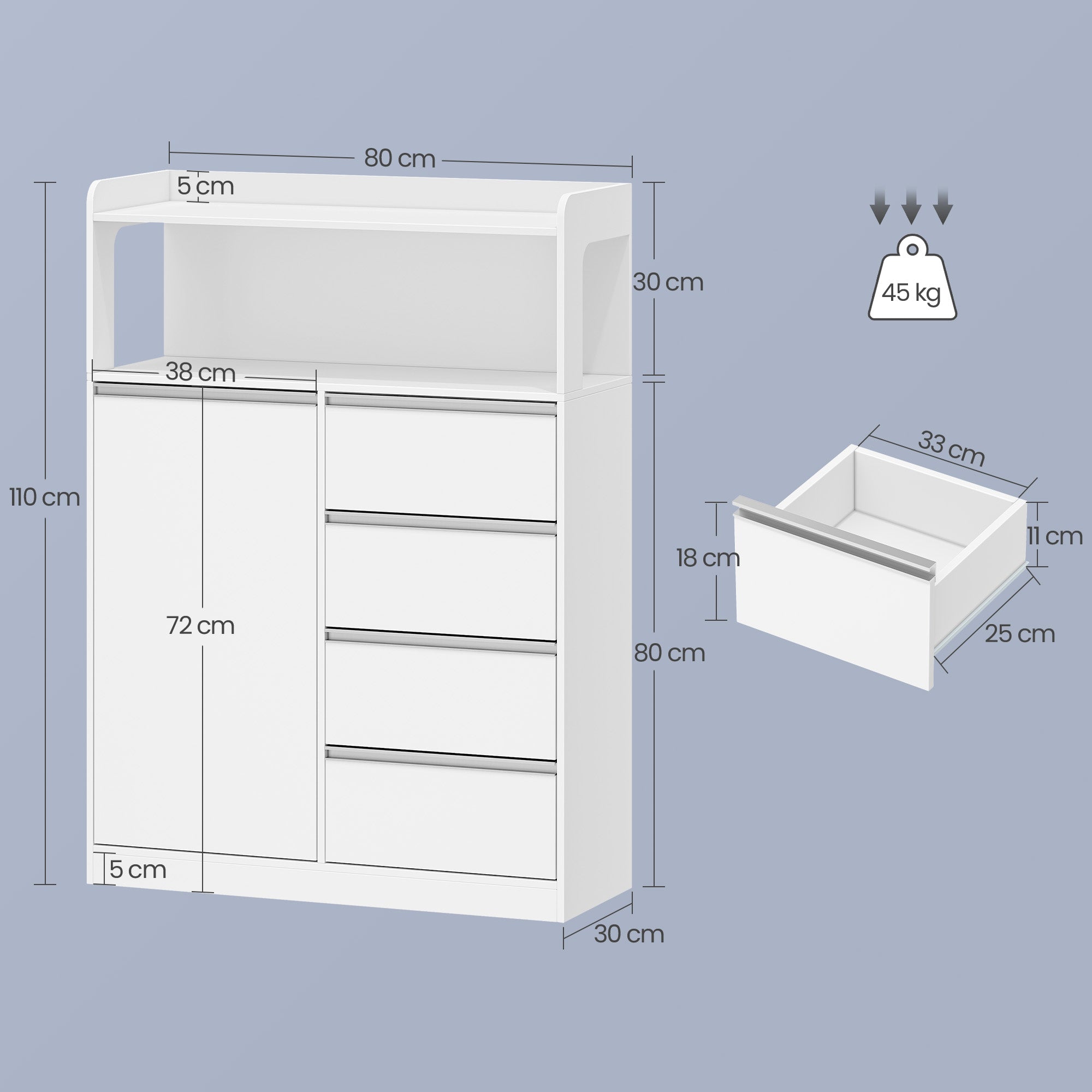 HEXCELEN Bathroom Cabinet, Kitchen Cabinet, 30 x 80 x 110 cm, Storage Cabinet with 4 Drawers and Open Shelf, Bathroom Cabinet High, Adjustable Shelf, for Bathroom, Living Room, White, 580103W