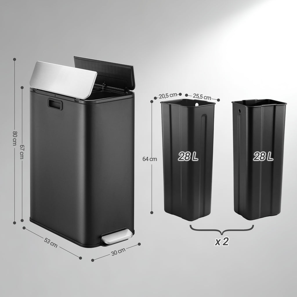 Hzuaneri Kitchen Trash Can, 2 x 28 Liter Narrow Trash Cans, Waste Separation System with Removable Inner Bucket, Includes 15 Special Trash Bags, Black SW22899B