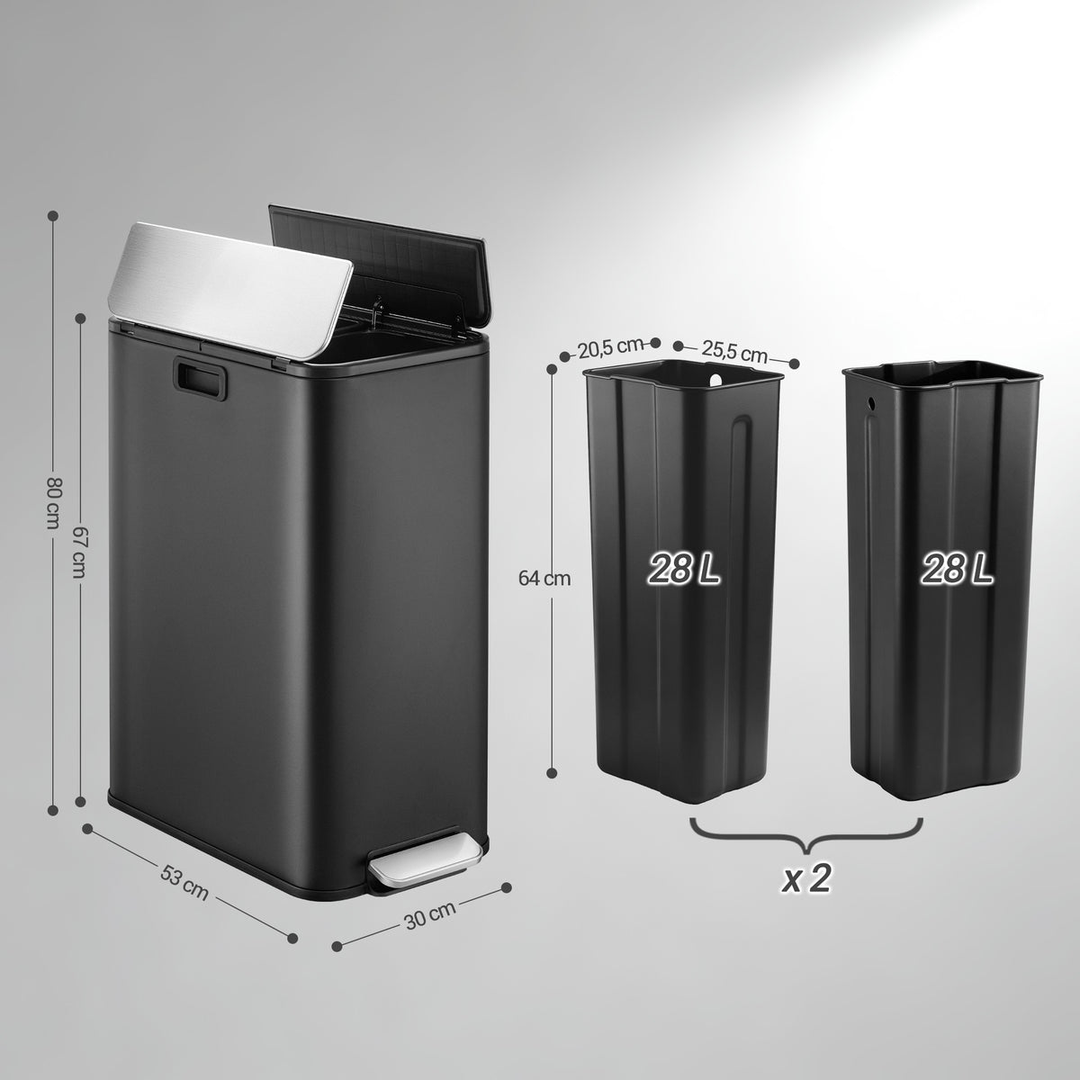 Hzuaneri Kitchen Trash Can, 2 x 28 Liter Narrow Trash Cans, Waste Separation System with Removable Inner Bucket, Includes 15 Special Trash Bags, Black SW22899B
