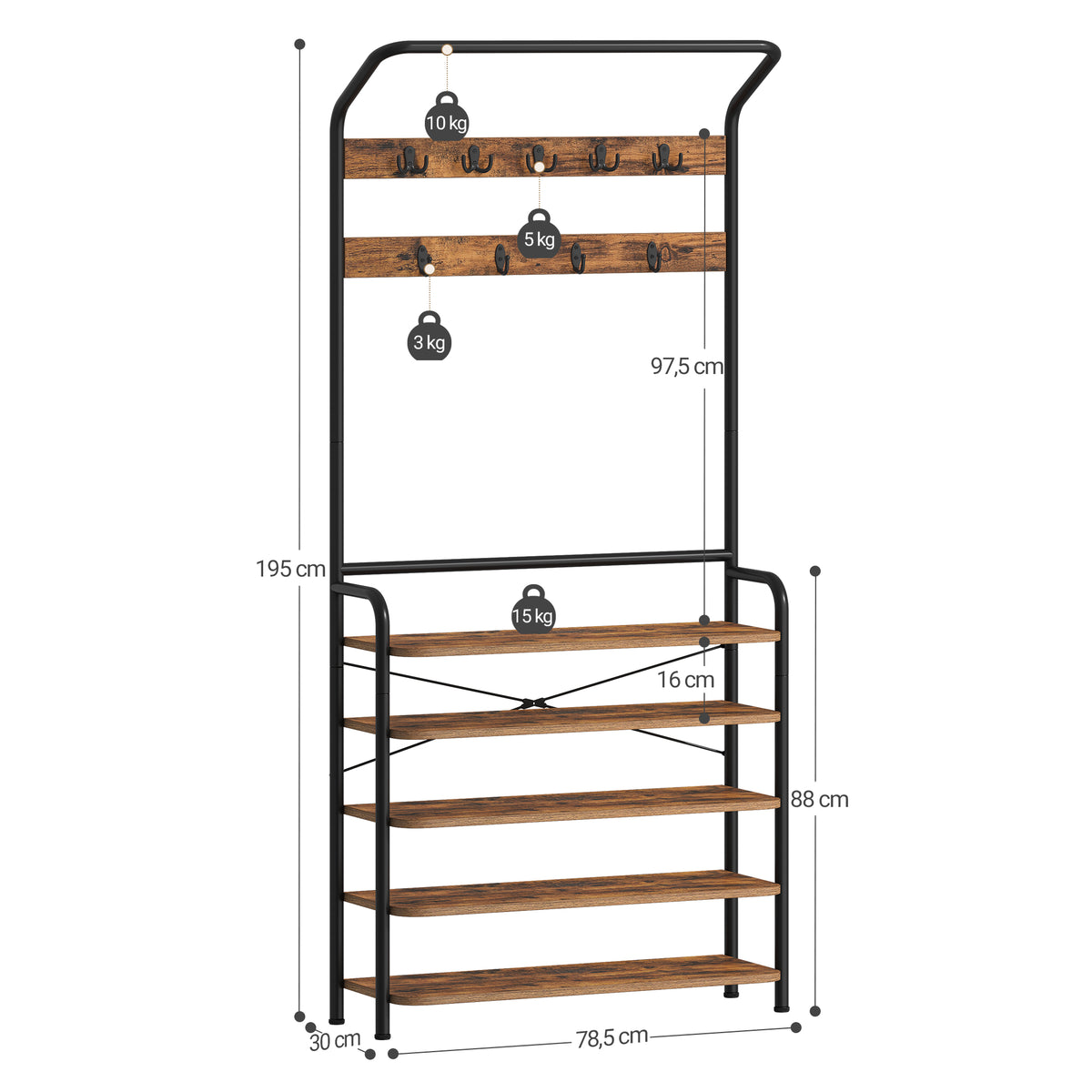 Hzuaneri Coat Rack with 5 Shelves, 1 Clothes Rail, 9 Hooks, Adjustable, Freestanding Clothes Rack for Hallway, Entrance, 30 x 78.5 x 195 cm, Vintage Brown and Black HT19001B