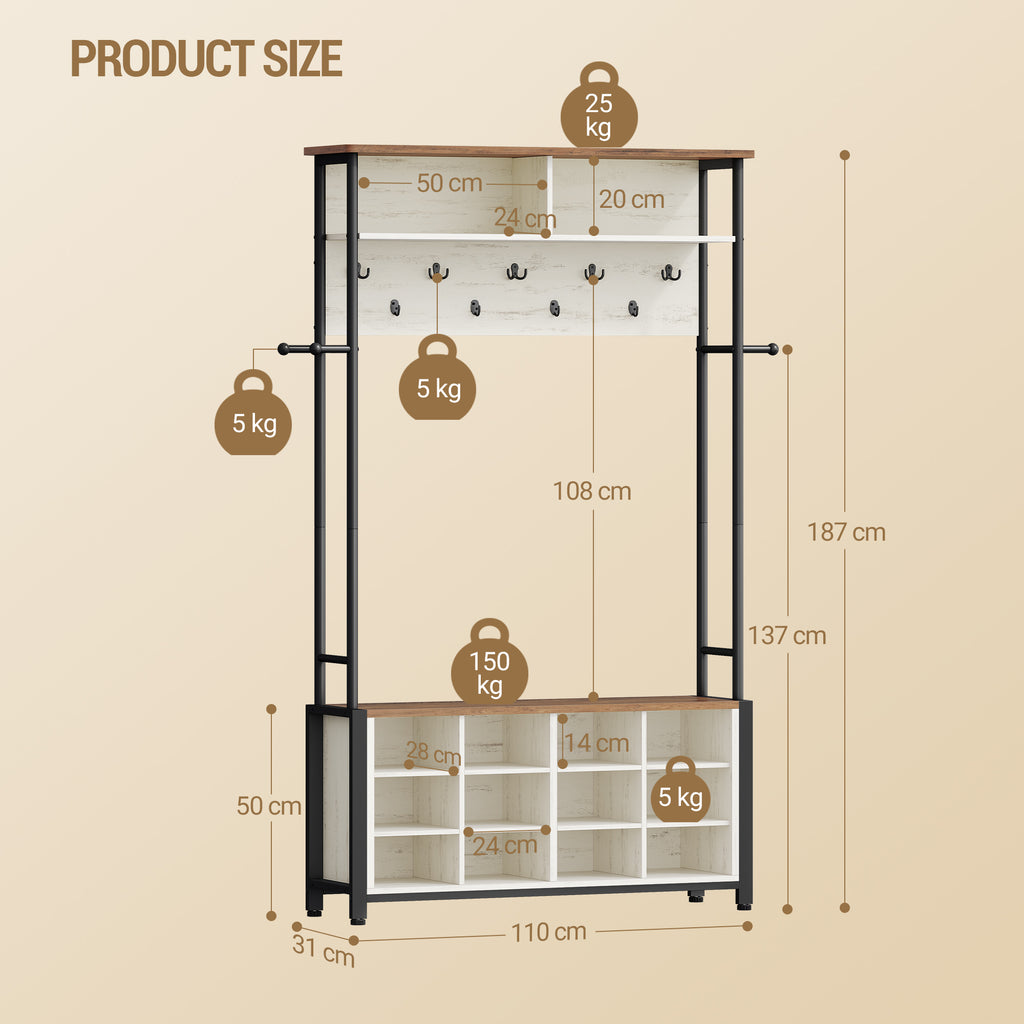 Hzuaneri Coat Rack, Entryway Furniture with Shoe Bench, 14 Open Compartments, 13 Shelves, Industrial Style, for Entryway, Hallway, 31 x 110 x 187 cm, White and Brown HT17914B