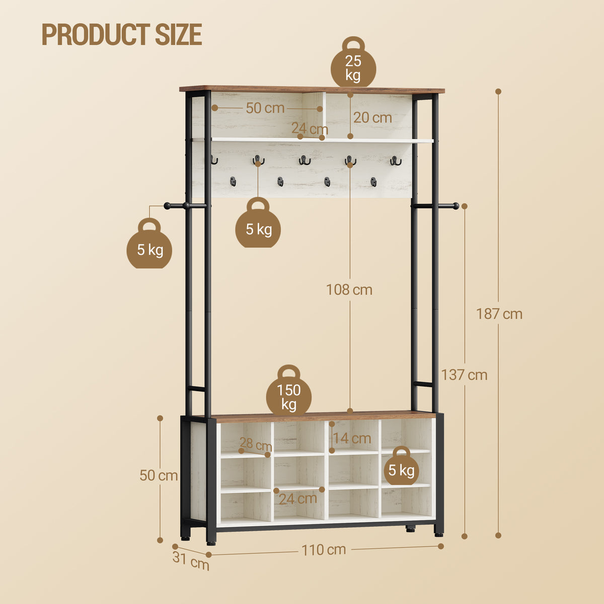 Hzuaneri Coat Rack, Entryway Furniture with Shoe Bench, 14 Open Compartments, 13 Shelves, Industrial Style, for Entryway, Hallway, 31 x 110 x 187 cm, White and Brown HT17914B