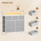 Hzuaneri Chest of Drawers, 9 Drawers, LED Light Strip, 2 USB & 2 AC Ports, Versatile Storage Furniture for Living Room and Bedroom, 30 x 100 x 95 cm, White-Grey DU02913W
