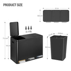 Hzuaneri Kitchen Bin, 45L (3 x 15L), Recycling Bin with 3 Compartments, Color-Coded Pedal Bins, Quiet and Slow-Close, with 15 Bin Bags, for Kitchen, Black SW04599B