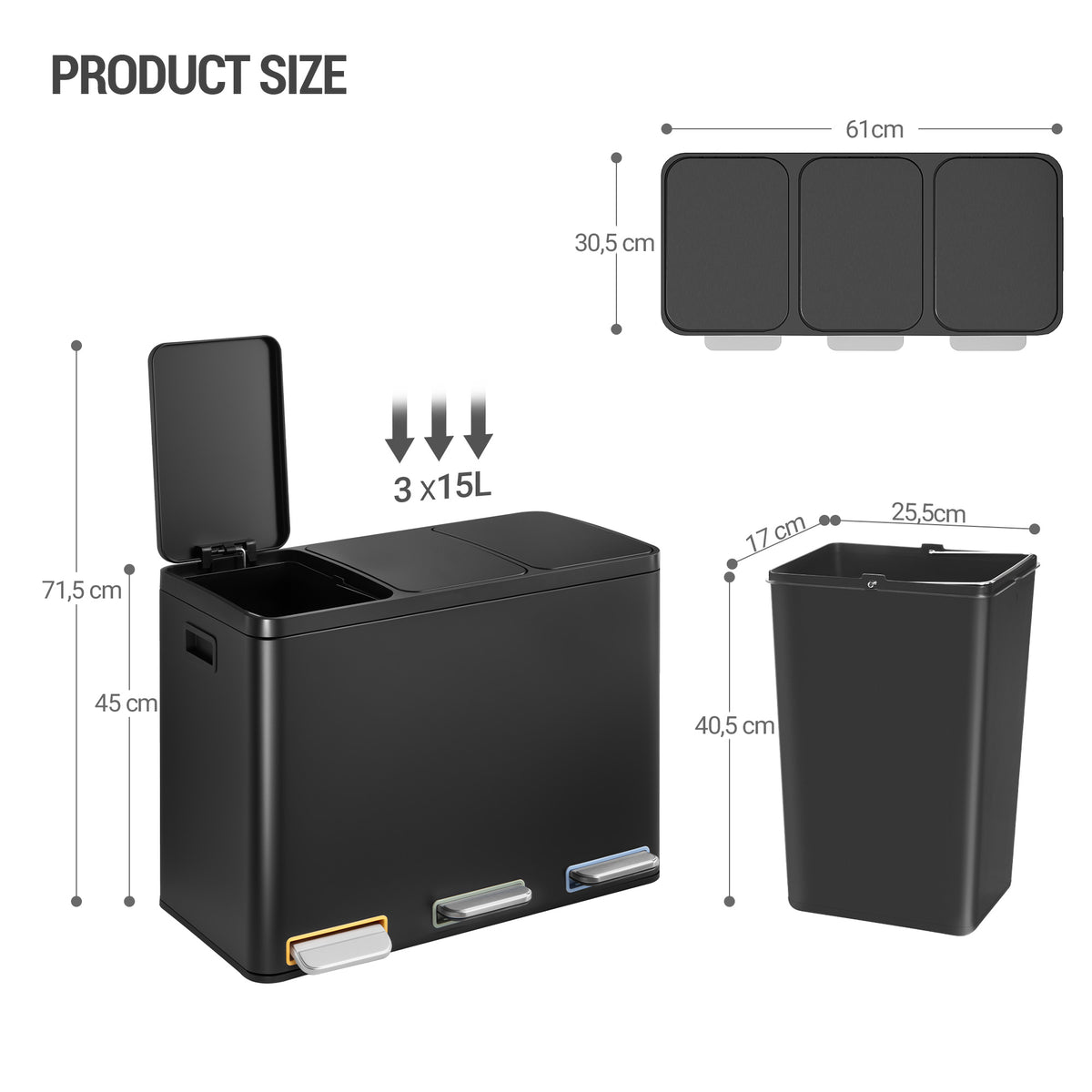 Hzuaneri Kitchen Bin, 45L (3 x 15L), Recycling Bin with 3 Compartments, Color-Coded Pedal Bins, Quiet and Slow-Close, with 15 Bin Bags, for Kitchen, Black SW04599B