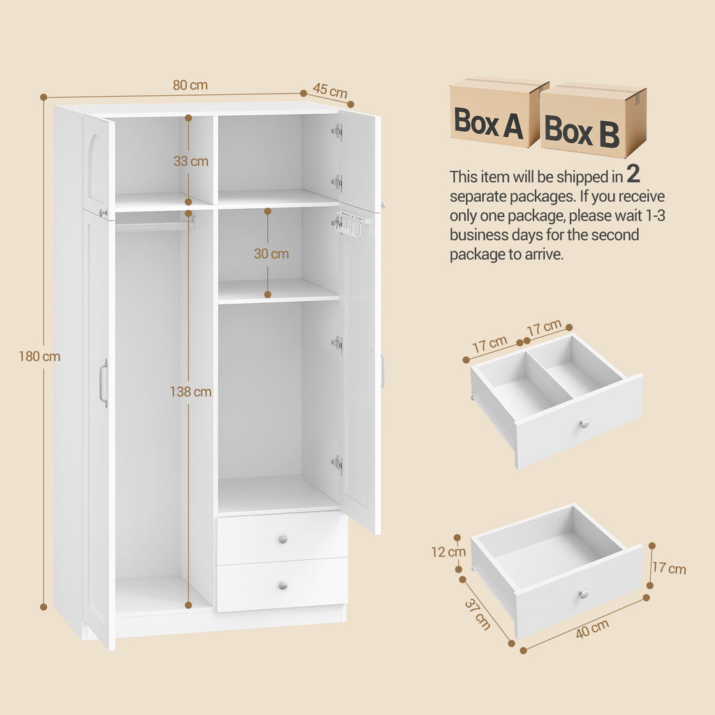 Hzuaneri Wardrobe with 4 Doors and 2 Drawers, Wardrobe with Clothes Rail and Shelf, Hinged Door Wardrobe for Bedroom, Guest Room and Small Spaces, White BW08003E