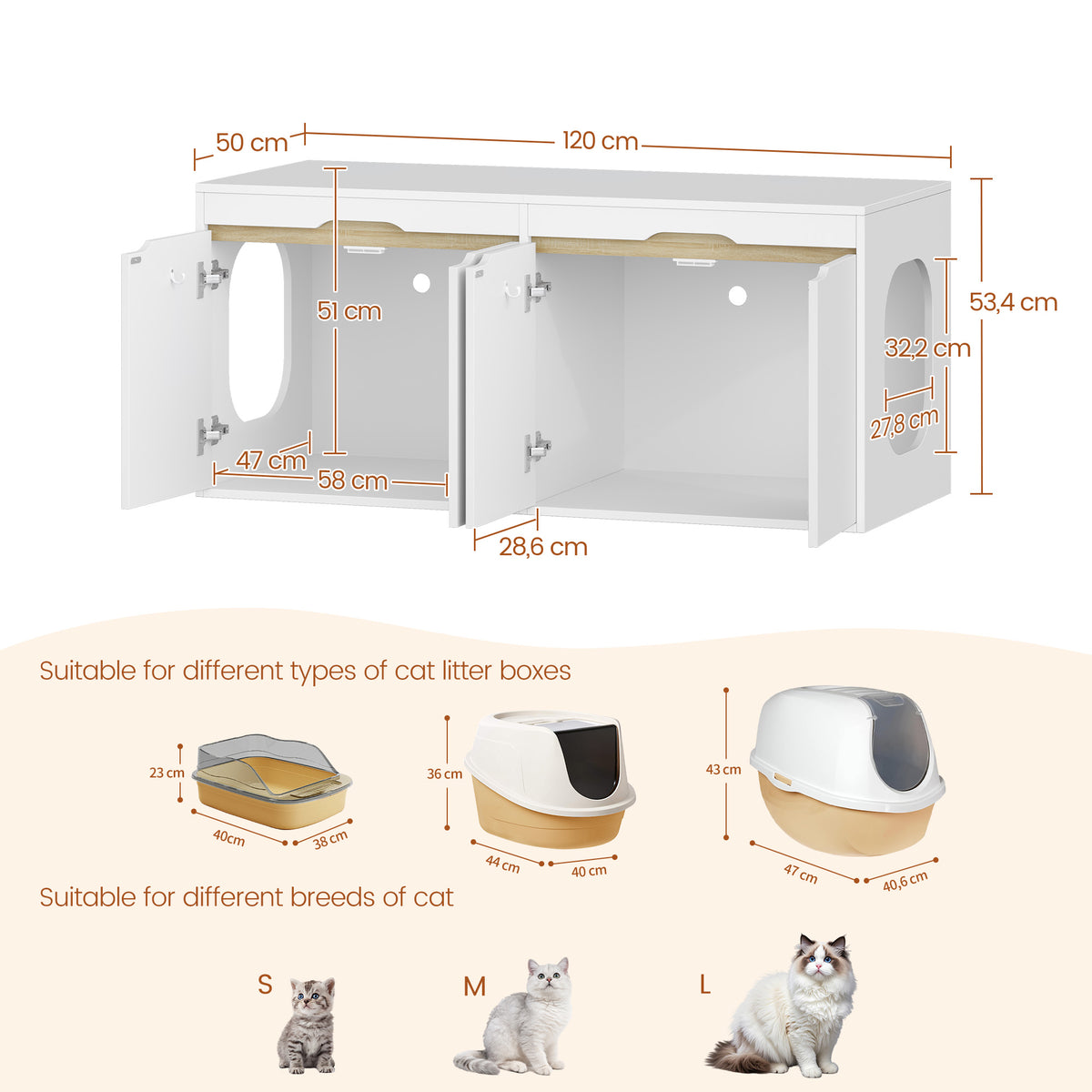 HEXCELEN Cat Litter Tray Cabinet, Cat Cabinet for 2 Cats, Hidden Cat Litter Box Cabinet, Double Door, Can Be Used as a TV Cabinet, 120 x 50 x 53.4 cm, White Oak and White,840103X