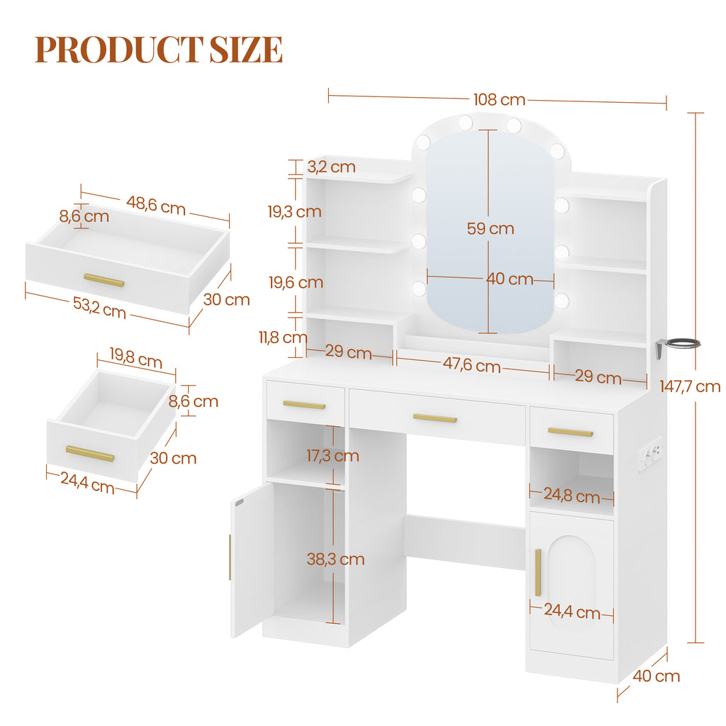 HEXCELEN dressing table with oval mirror, vanity table, hairdryer holder, dressing table with 3 drawers, 2 storage cabinets and open compartments, white,108403X