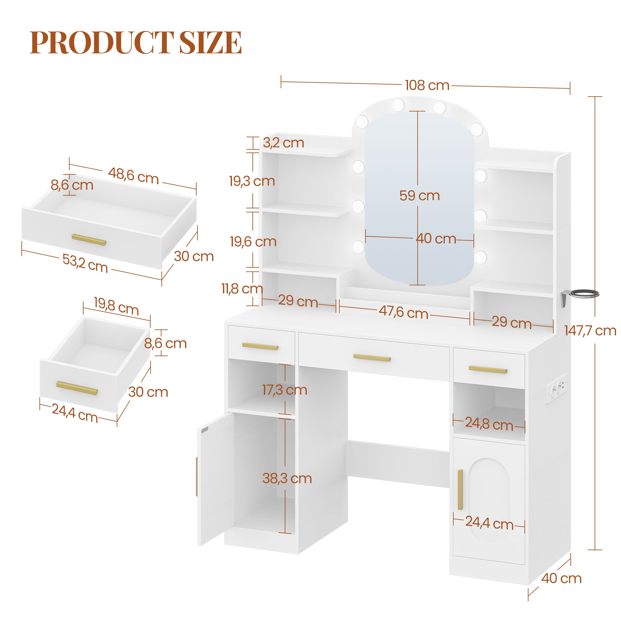 HEXCELEN dressing table with oval mirror, vanity table, hairdryer holder, dressing table with 3 drawers, 2 storage cabinets and open compartments, white,108403X
