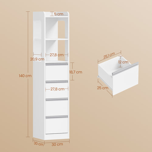 HEXCELEN Bathroom Cabinet Freestanding Bathroom Furniture 30 x 30 x 140 cm with 4 Drawers and 2 Open Shelves for Bathroom Living Room Kitchen Modern White 530303X