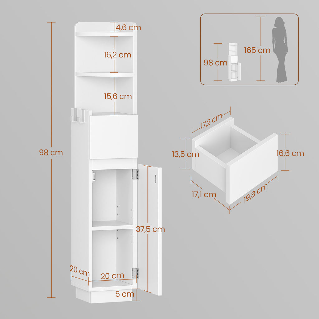HEXCELEN Bathroom Cabinet, Corner Cabinet, Bathroom Cabinet, Toilet Cabinet, 20 x 20 x 98 cm, Narrow Bathroom Shelf with Adjustable Shelf, 1 Drawer and 2 Open Compartments, White 5120003X