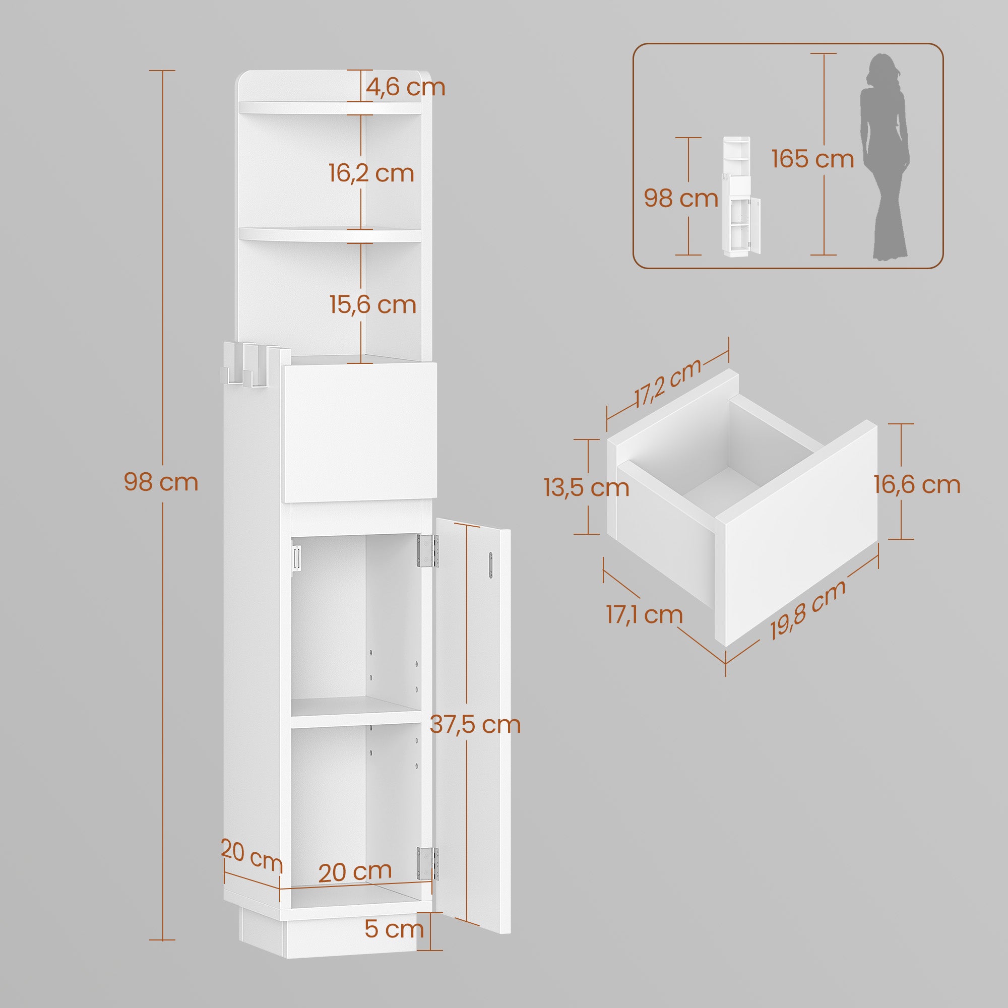 HEXCELEN Bathroom Cabinet, Corner Cabinet, Bathroom Cabinet, Toilet Cabinet, 20 x 20 x 98 cm, Narrow Bathroom Shelf with Adjustable Shelf, 1 Drawer and 2 Open Compartments, White 5120003X