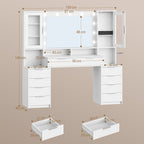 Hzuaneri 150cm Dressing Table with LED Lighting, Dressing Table with Multi Socket, 11 LED Lights, Three Lighting Colours, 10 Drawers, Storage for Jewelry, White-Silver DT434703XEU